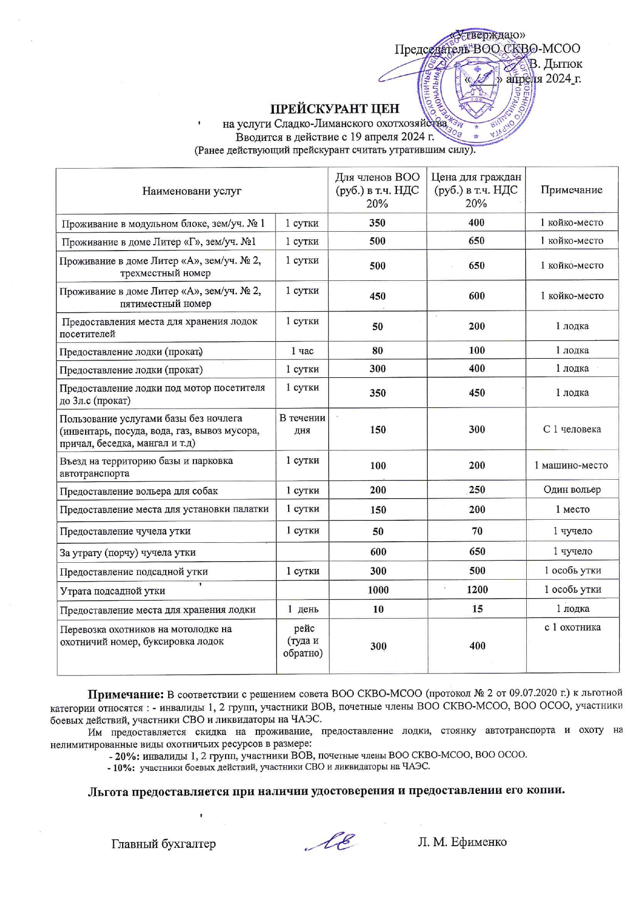Прейскурант Сладко лиманское ох
